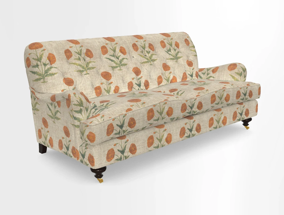 Chiddingfold 3 Seater Sofa in Omega Velvet Tawny Velvet and V&A Threads of India Regal Arabesque Flame with scatters in Sulawesi Splendour Jasper
