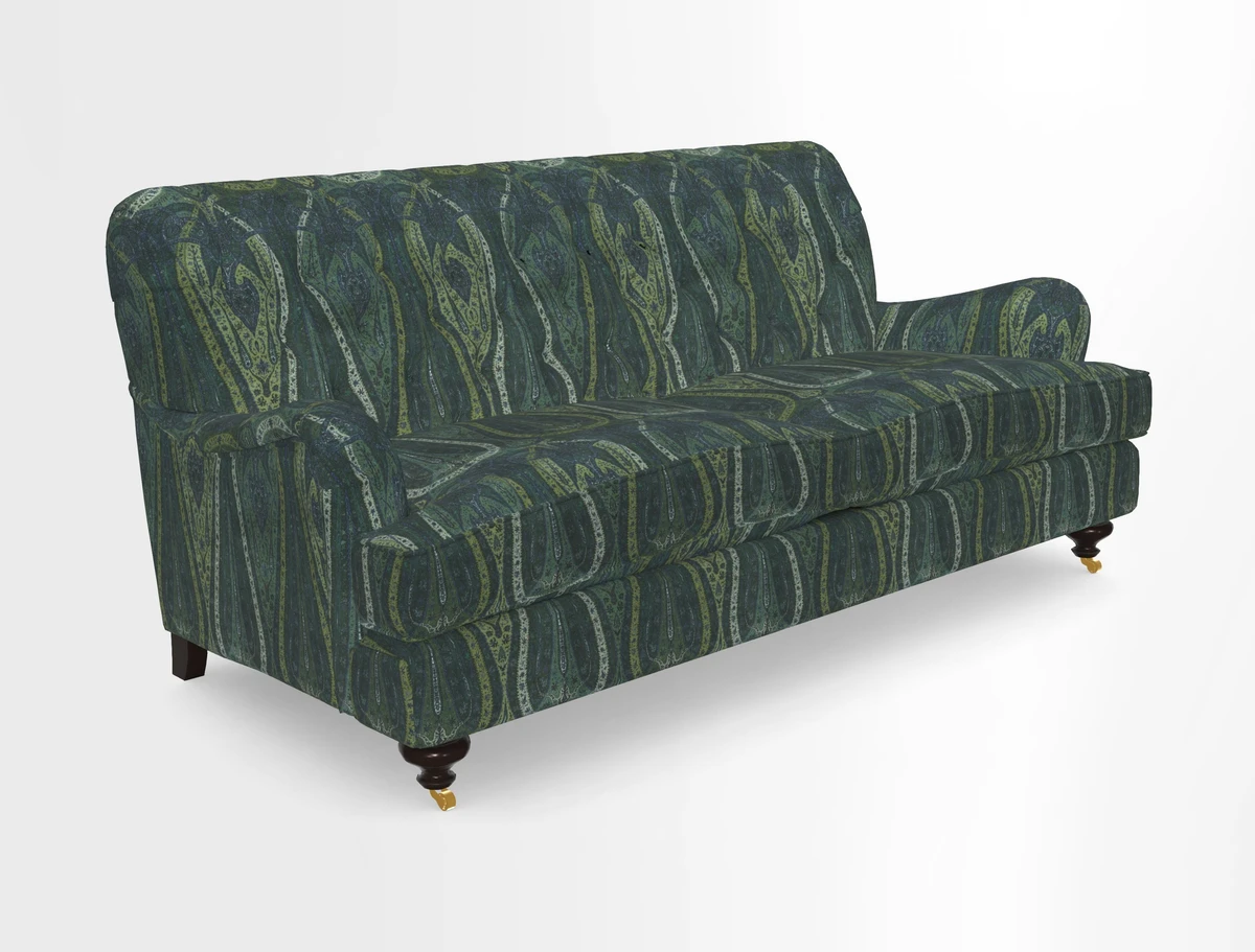 Chiddingfold 3 Seater Sofa in Omega Velvet Tawny Velvet and V&A Threads of India Regal Arabesque Flame with scatters in Sulawesi Splendour Jasper