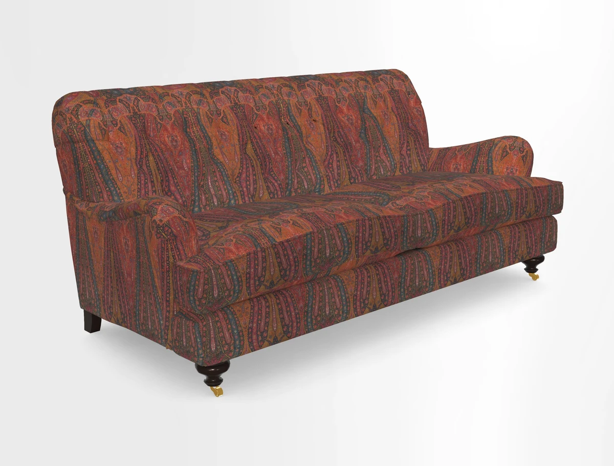 Chiddingfold 3 Seater Sofa in Omega Velvet Tawny Velvet and V&A Threads of India Regal Arabesque Flame with scatters in Sulawesi Splendour Jasper
