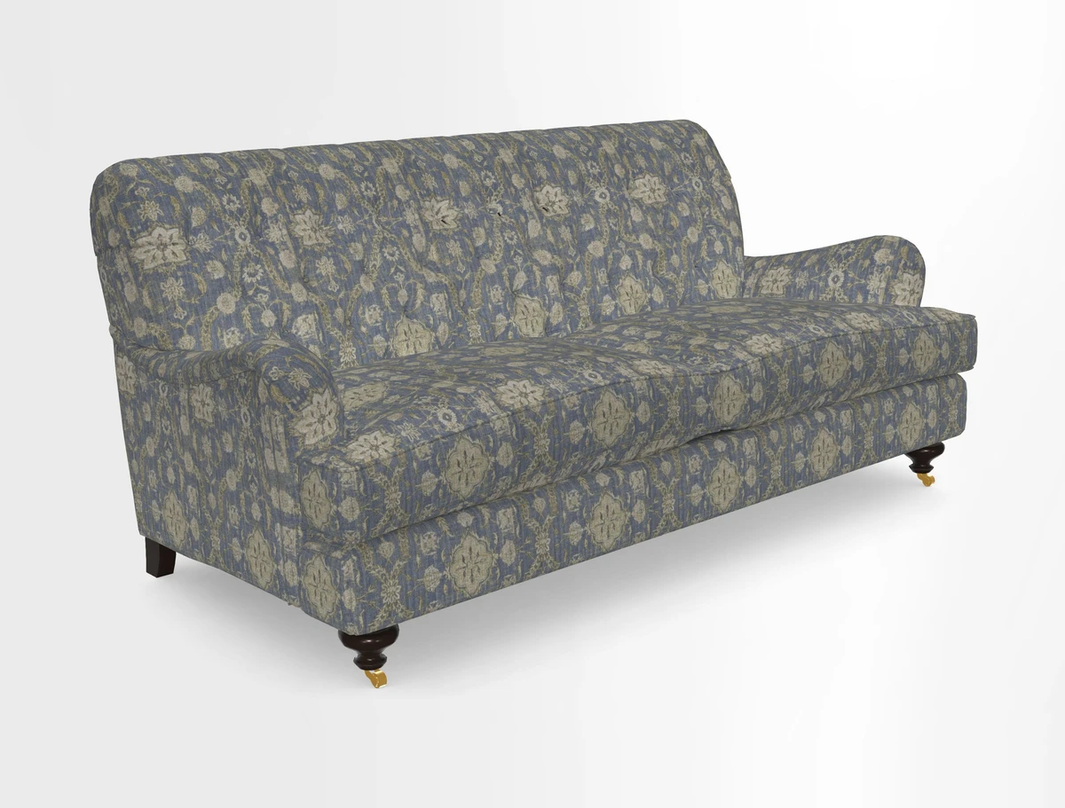 Chiddingfold 3 Seater Sofa in Omega Velvet Tawny Velvet and V&A Threads of India Regal Arabesque Flame with scatters in Sulawesi Splendour Jasper