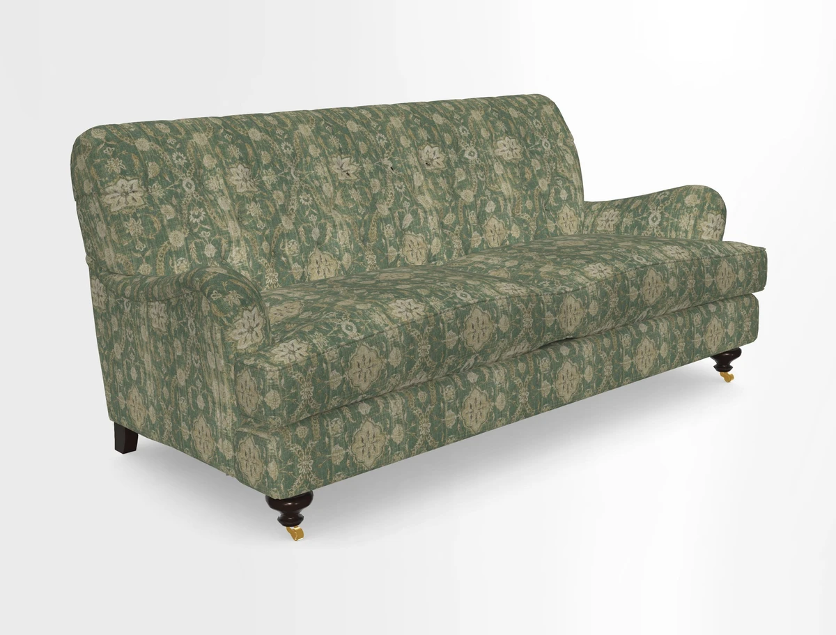 Chiddingfold 3 Seater Sofa in Omega Velvet Tawny Velvet and V&A Threads of India Regal Arabesque Flame with scatters in Sulawesi Splendour Jasper