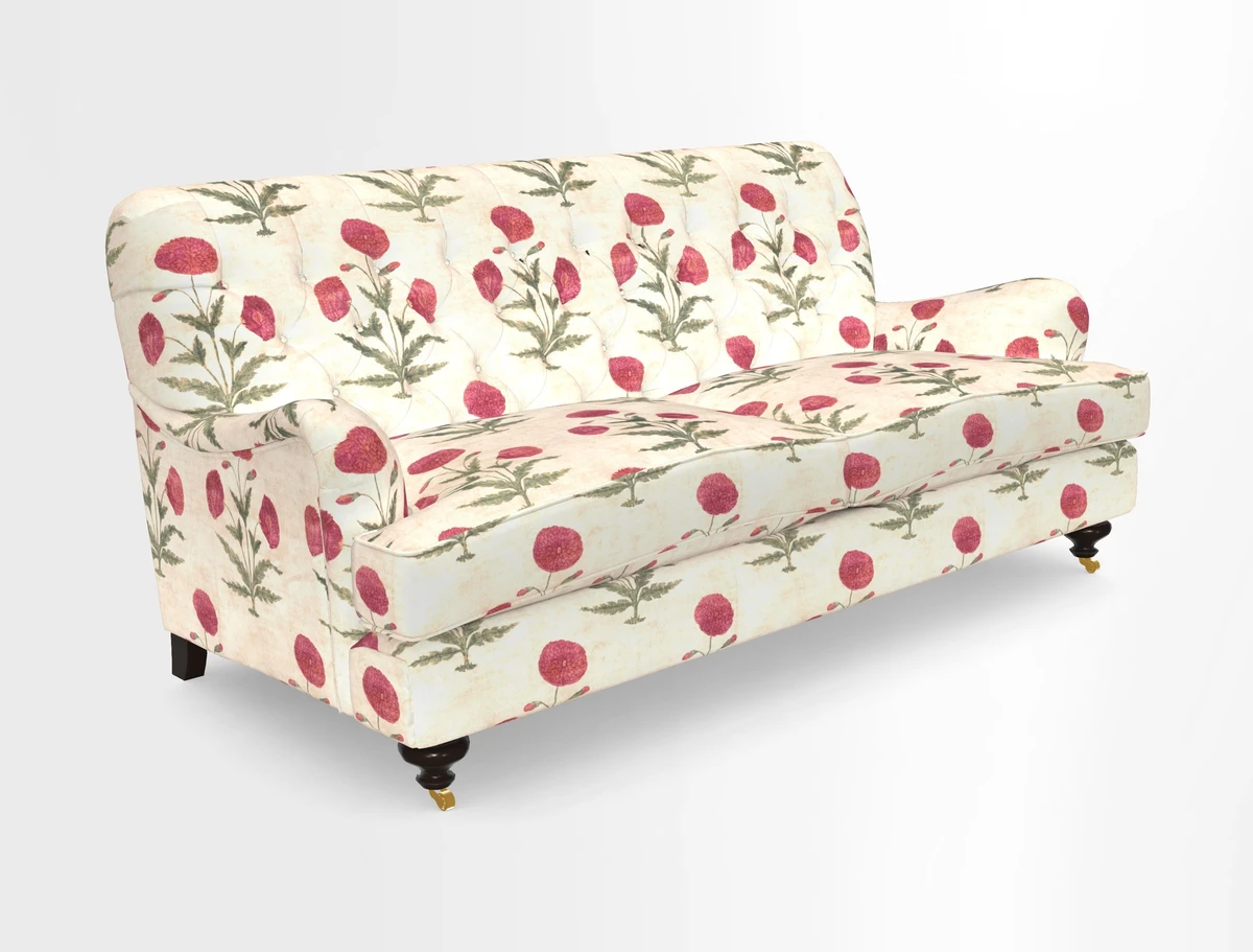 Chiddingfold 3 Seater Sofa in Omega Velvet Tawny Velvet and V&A Threads of India Regal Arabesque Flame with scatters in Sulawesi Splendour Jasper