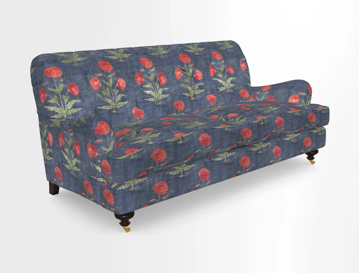 Chiddingfold 3 Seater Sofa in Omega Velvet Tawny Velvet and V&A Threads of India Regal Arabesque Flame with scatters in Sulawesi Splendour Jasper
