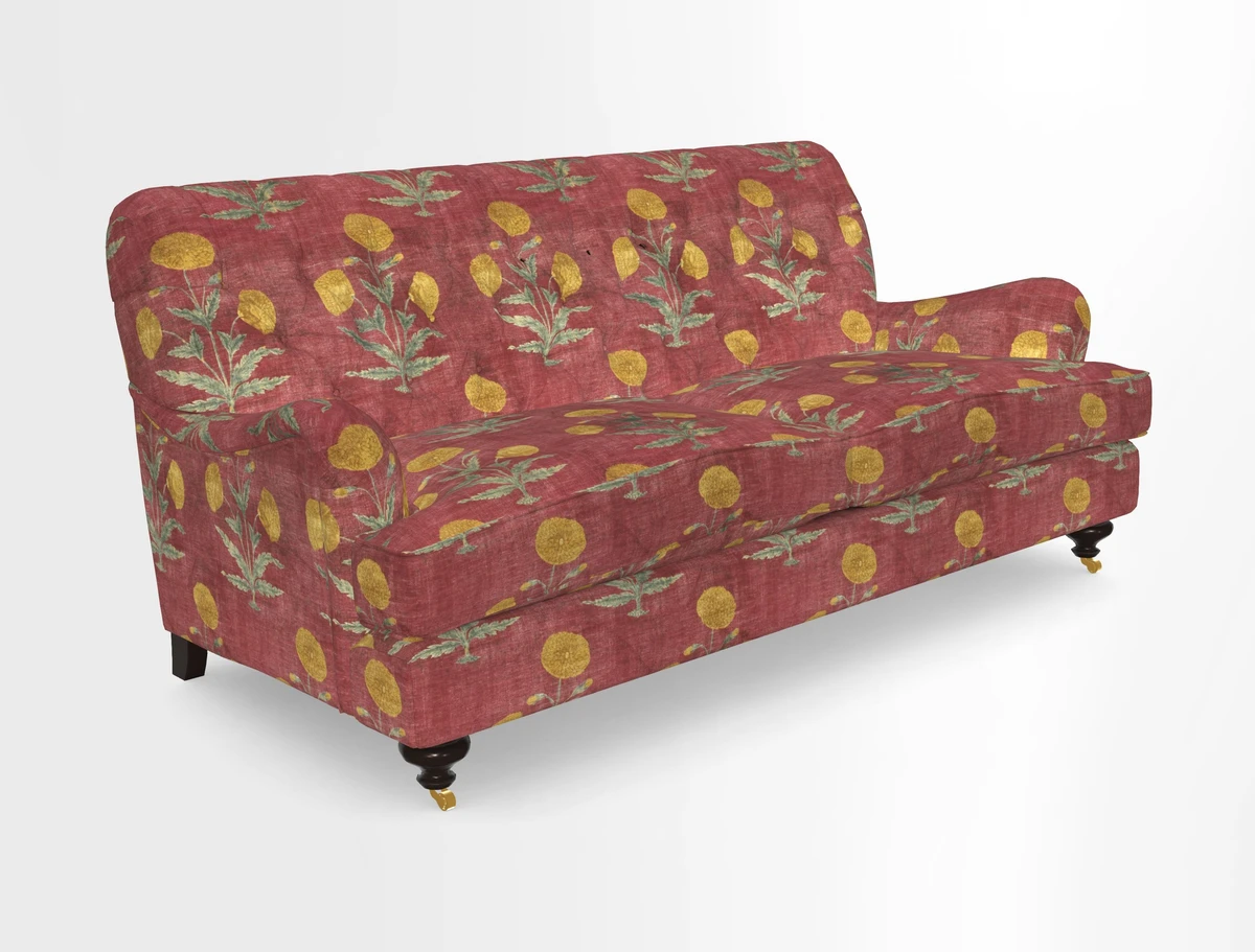 Chiddingfold 3 Seater Sofa in Omega Velvet Tawny Velvet and V&A Threads of India Regal Arabesque Flame with scatters in Sulawesi Splendour Jasper