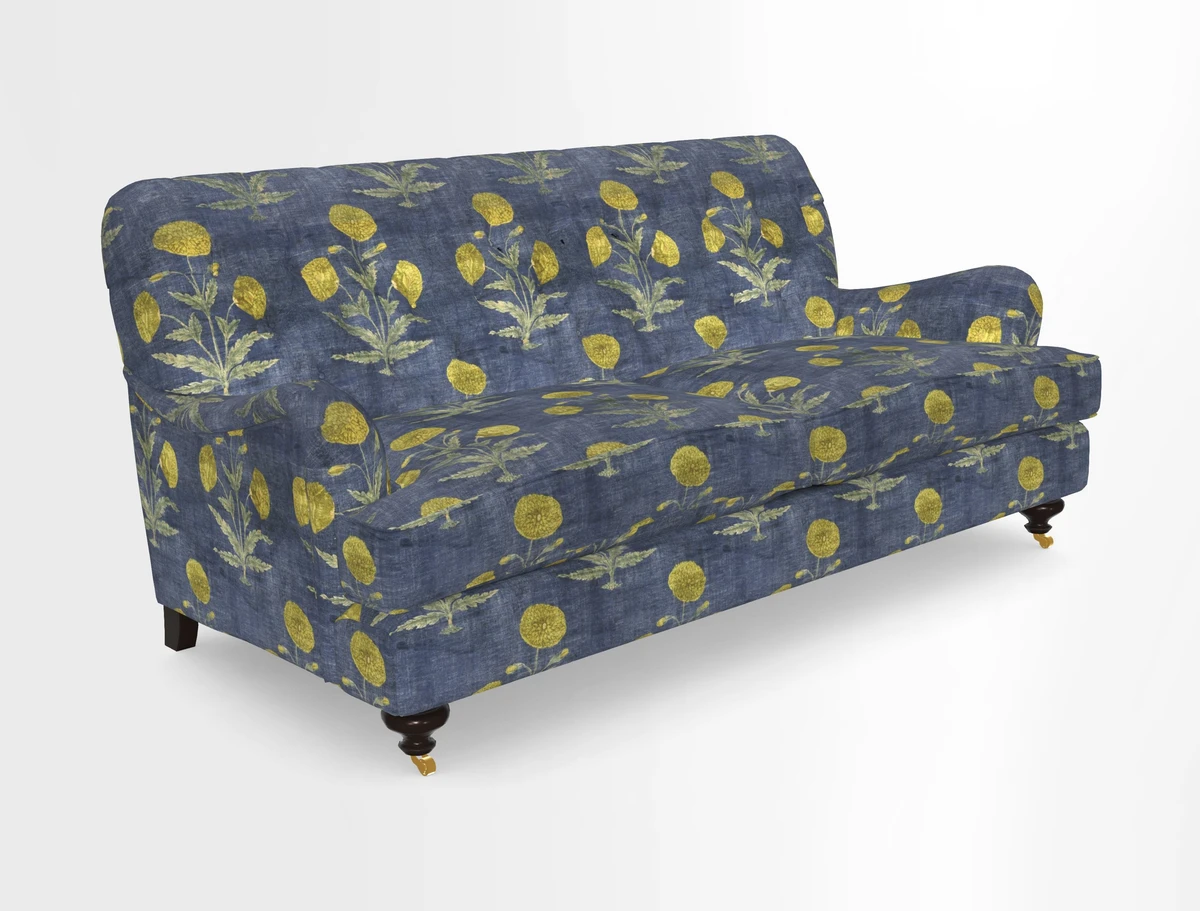 Chiddingfold 3 Seater Sofa in Omega Velvet Tawny Velvet and V&A Threads of India Regal Arabesque Flame with scatters in Sulawesi Splendour Jasper