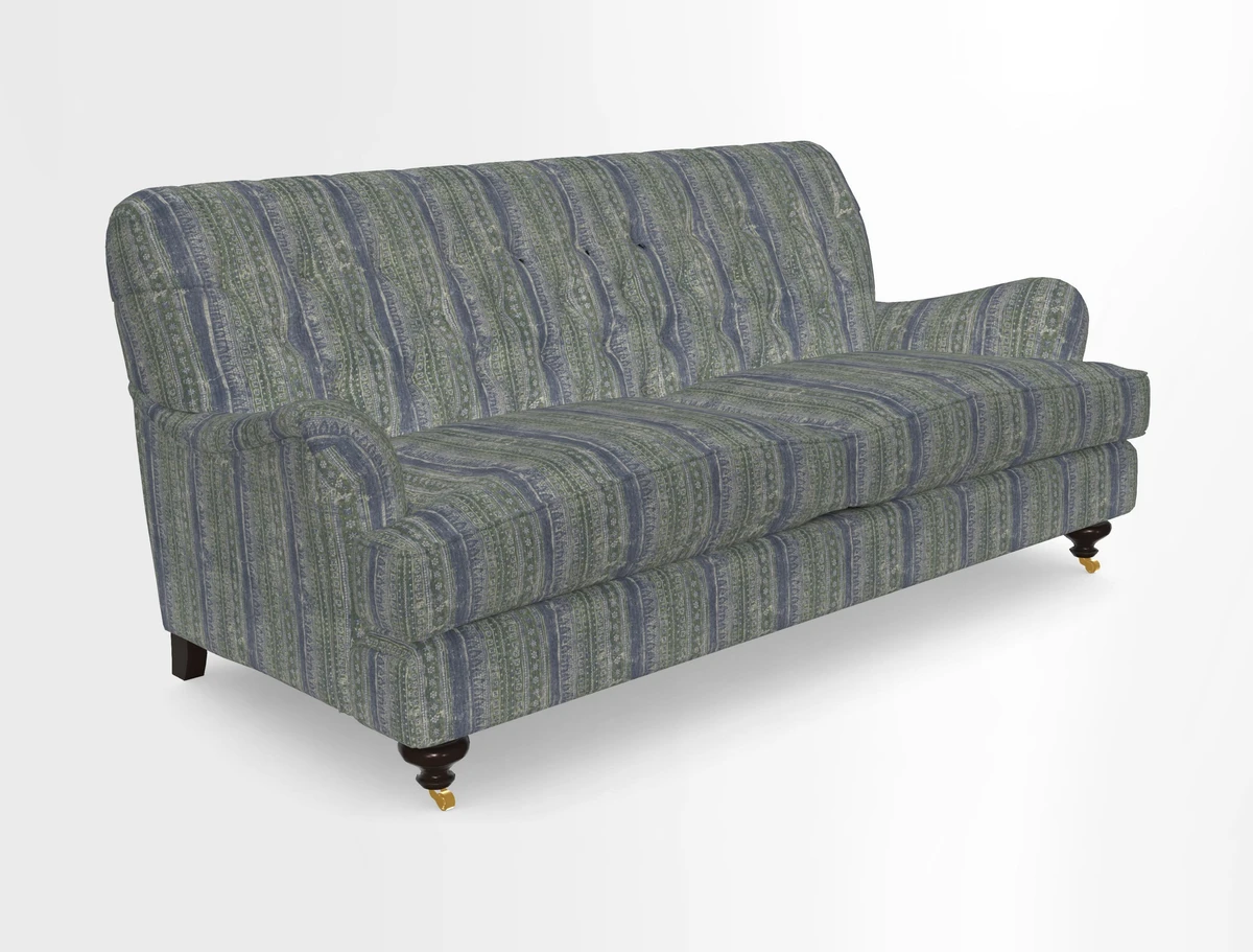 Chiddingfold 3 Seater Sofa in Omega Velvet Tawny Velvet and V&A Threads of India Regal Arabesque Flame with scatters in Sulawesi Splendour Jasper