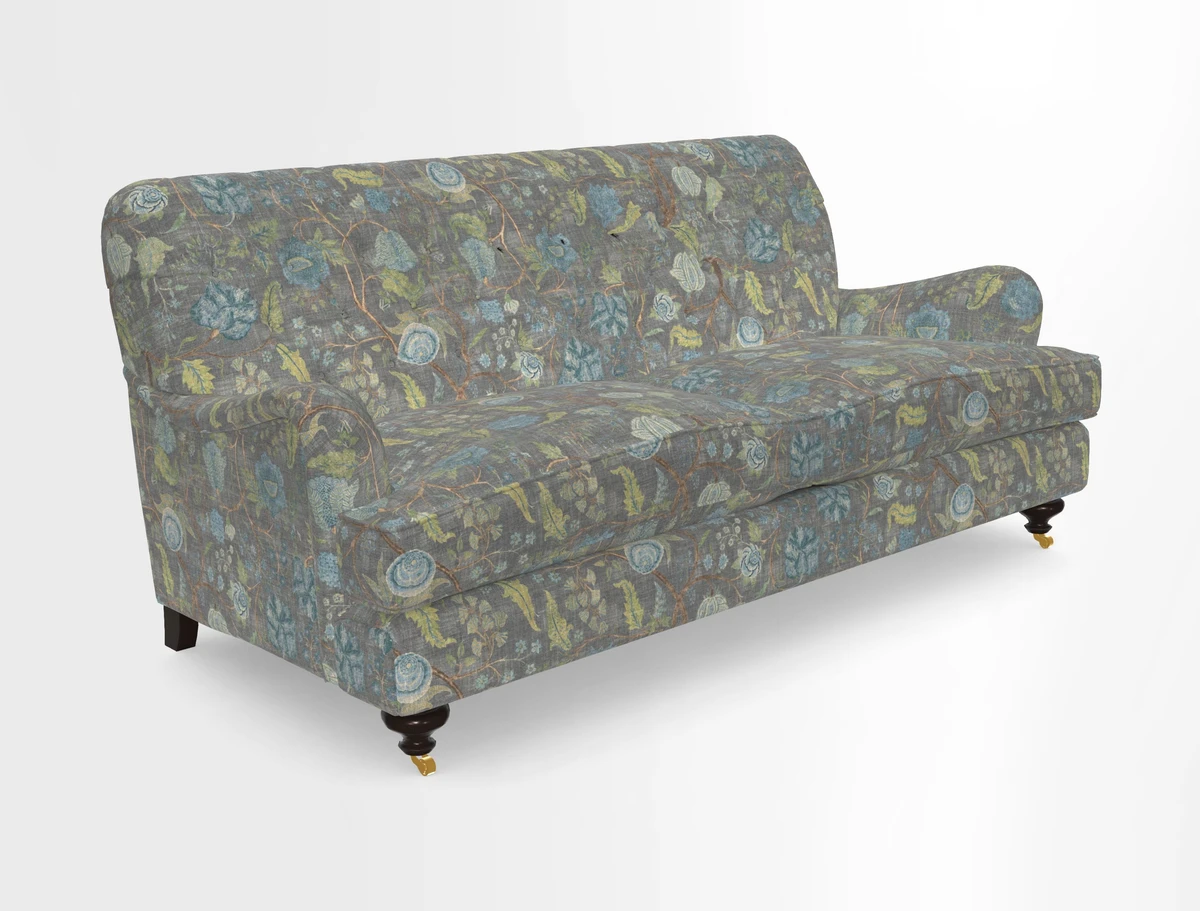 Chiddingfold 3 Seater Sofa in Omega Velvet Tawny Velvet and V&A Threads of India Regal Arabesque Flame with scatters in Sulawesi Splendour Jasper
