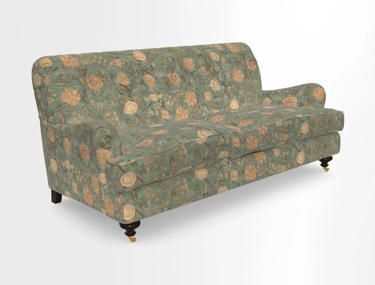 Chiddingfold 3 Seater Sofa in Omega Velvet Tawny Velvet and V&A Threads of India Regal Arabesque Flame with scatters in Sulawesi Splendour Jasper