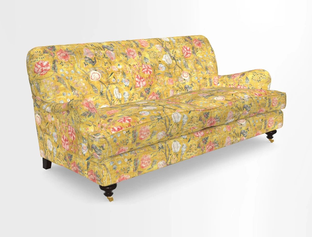 Chiddingfold 3 Seater Sofa in Omega Velvet Tawny Velvet and V&A Threads of India Regal Arabesque Flame with scatters in Sulawesi Splendour Jasper