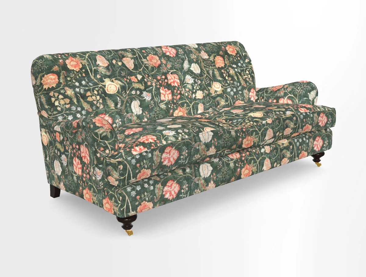 Chiddingfold 3 Seater Sofa in Omega Velvet Tawny Velvet and V&A Threads of India Regal Arabesque Flame with scatters in Sulawesi Splendour Jasper