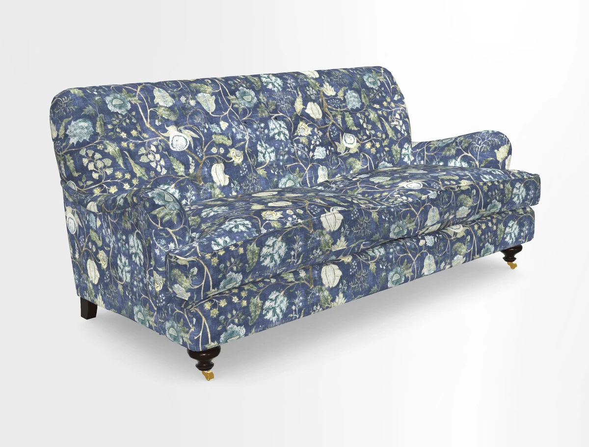 Chiddingfold 3 Seater Sofa in Omega Velvet Tawny Velvet and V&A Threads of India Regal Arabesque Flame with scatters in Sulawesi Splendour Jasper