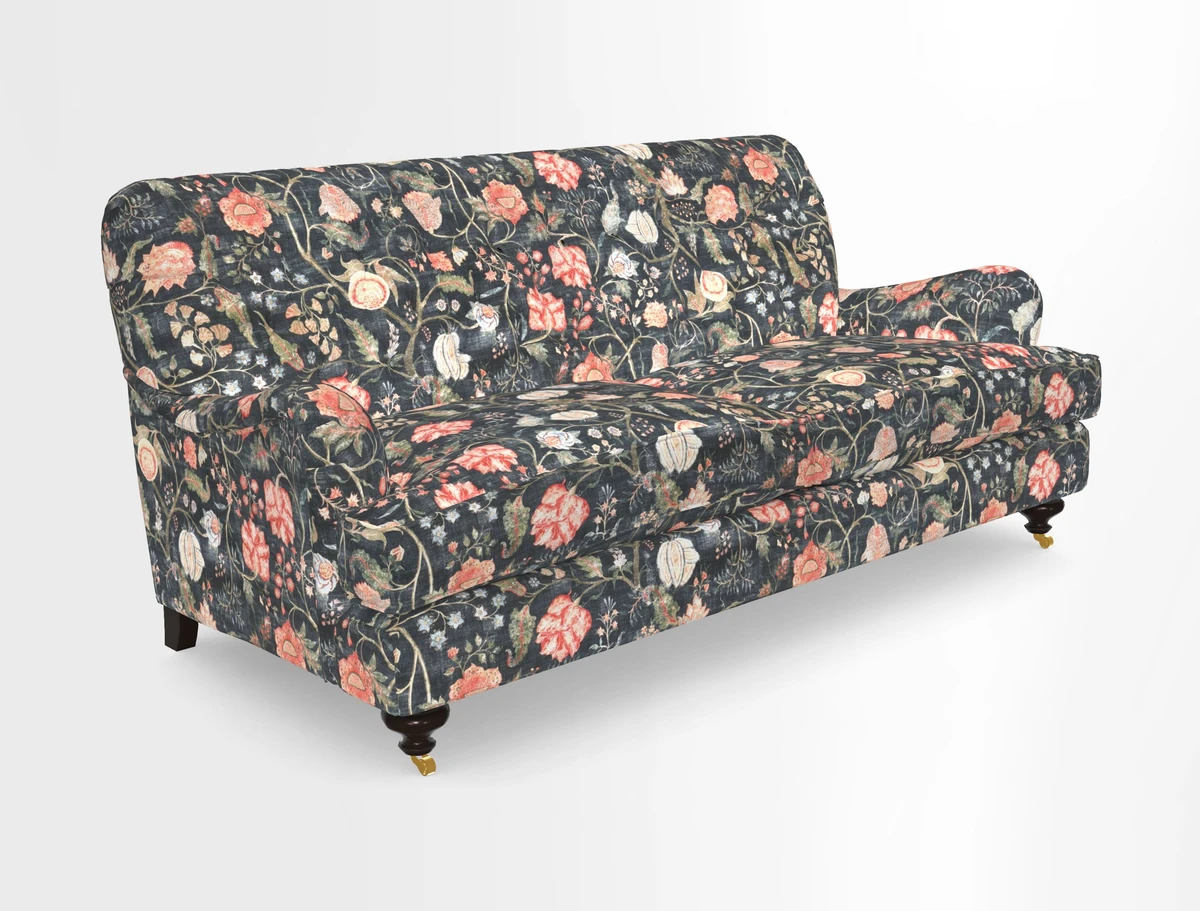 Chiddingfold 3 Seater Sofa in Omega Velvet Tawny Velvet and V&A Threads of India Regal Arabesque Flame with scatters in Sulawesi Splendour Jasper