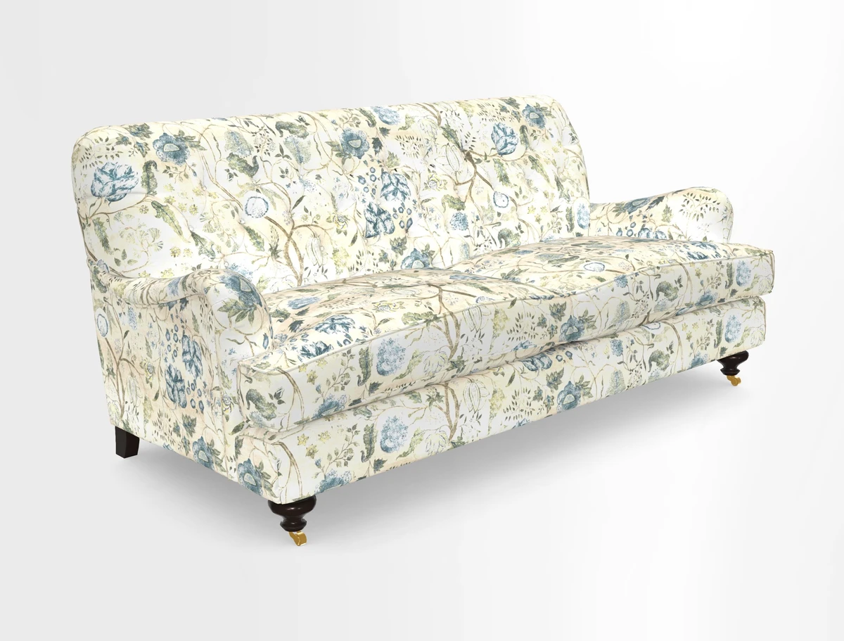 Chiddingfold 3 Seater Sofa in Omega Velvet Tawny Velvet and V&A Threads of India Regal Arabesque Flame with scatters in Sulawesi Splendour Jasper
