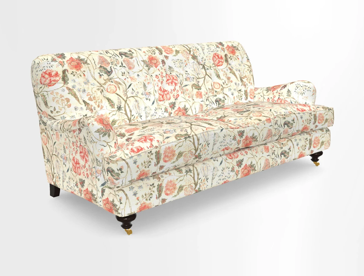 Chiddingfold 3 Seater Sofa in Omega Velvet Tawny Velvet and V&A Threads of India Regal Arabesque Flame with scatters in Sulawesi Splendour Jasper
