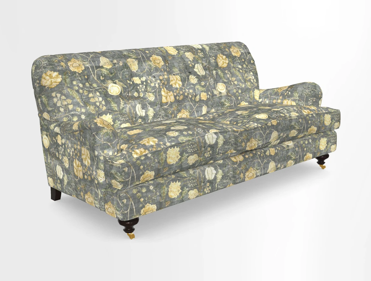 Chiddingfold 3 Seater Sofa in Omega Velvet Tawny Velvet and V&A Threads of India Regal Arabesque Flame with scatters in Sulawesi Splendour Jasper