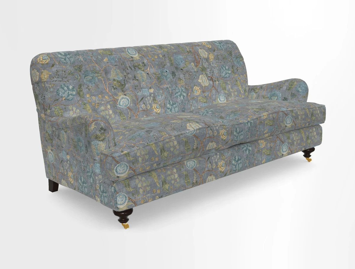 Chiddingfold 3 Seater Sofa in Omega Velvet Tawny Velvet and V&A Threads of India Regal Arabesque Flame with scatters in Sulawesi Splendour Jasper