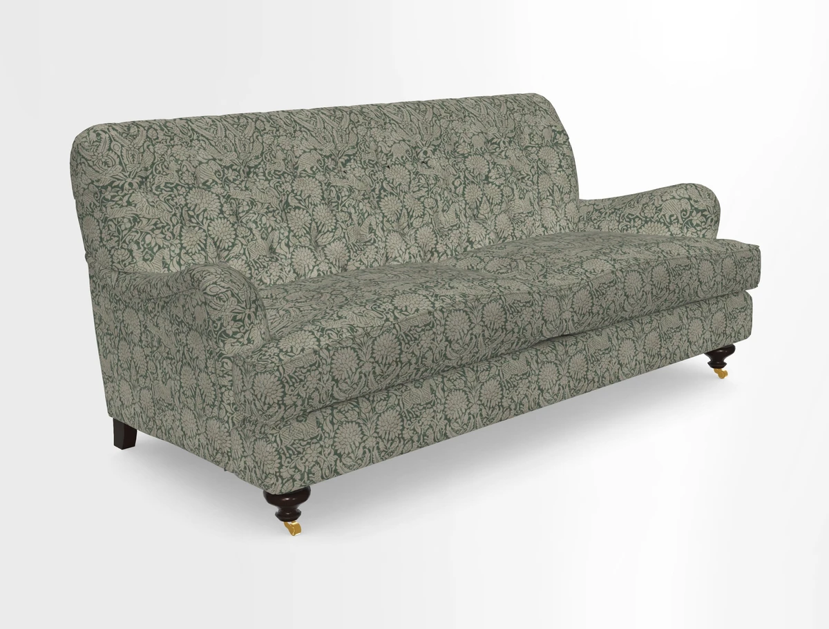 Chiddingfold 3 Seater Sofa in Omega Velvet Tawny Velvet and V&A Threads of India Regal Arabesque Flame with scatters in Sulawesi Splendour Jasper