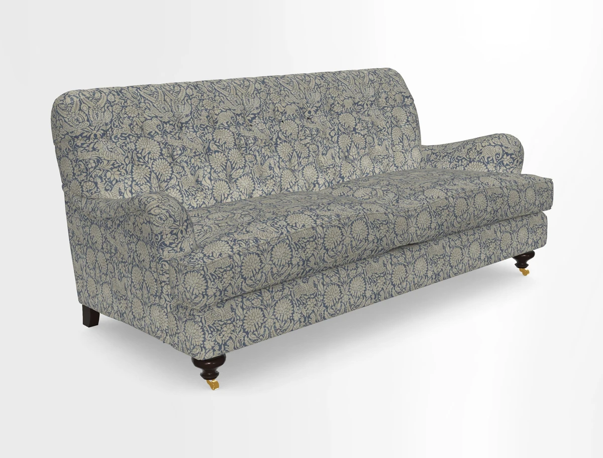 Chiddingfold 3 Seater Sofa in Omega Velvet Tawny Velvet and V&A Threads of India Regal Arabesque Flame with scatters in Sulawesi Splendour Jasper