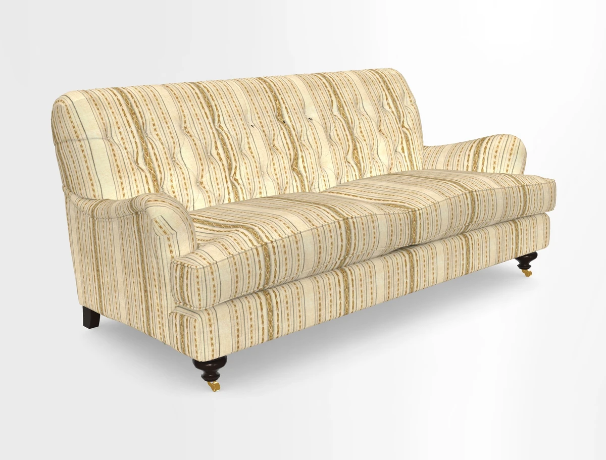Chiddingfold 3 Seater Sofa in Omega Velvet Tawny Velvet and V&A Threads of India Regal Arabesque Flame with scatters in Sulawesi Splendour Jasper