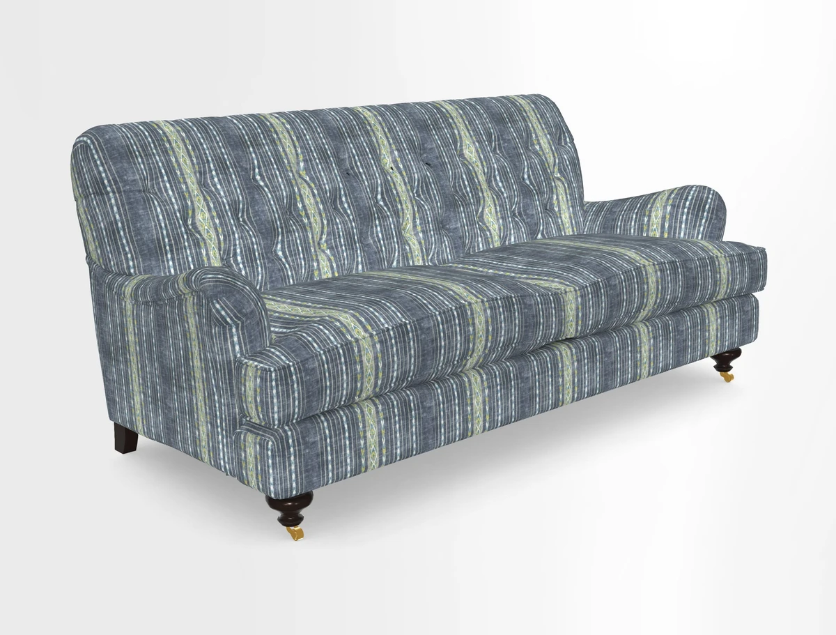 Chiddingfold 3 Seater Sofa in Omega Velvet Tawny Velvet and V&A Threads of India Regal Arabesque Flame with scatters in Sulawesi Splendour Jasper
