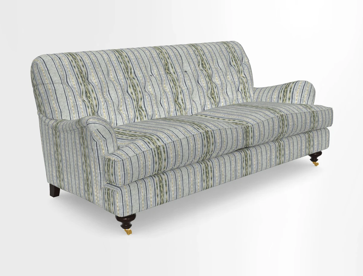 Chiddingfold 3 Seater Sofa in Omega Velvet Tawny Velvet and V&A Threads of India Regal Arabesque Flame with scatters in Sulawesi Splendour Jasper