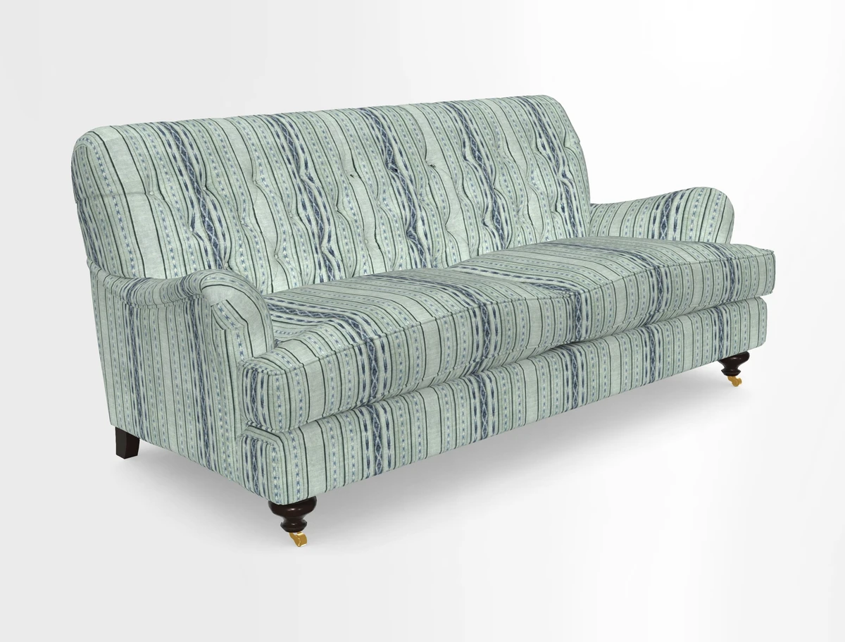Chiddingfold 3 Seater Sofa in Omega Velvet Tawny Velvet and V&A Threads of India Regal Arabesque Flame with scatters in Sulawesi Splendour Jasper