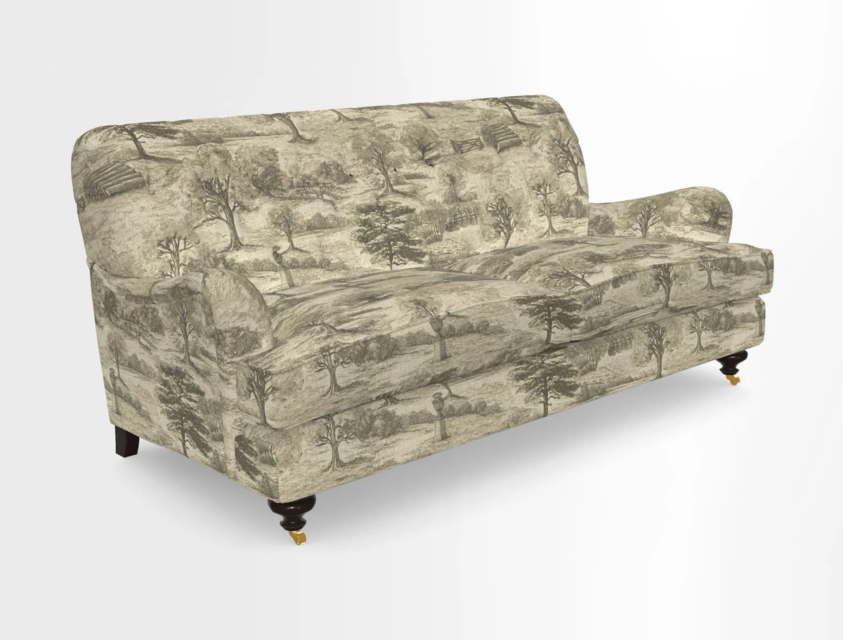 Chiddingfold 3 Seater Sofa in Omega Velvet Tawny Velvet and V&A Threads of India Regal Arabesque Flame with scatters in Sulawesi Splendour Jasper