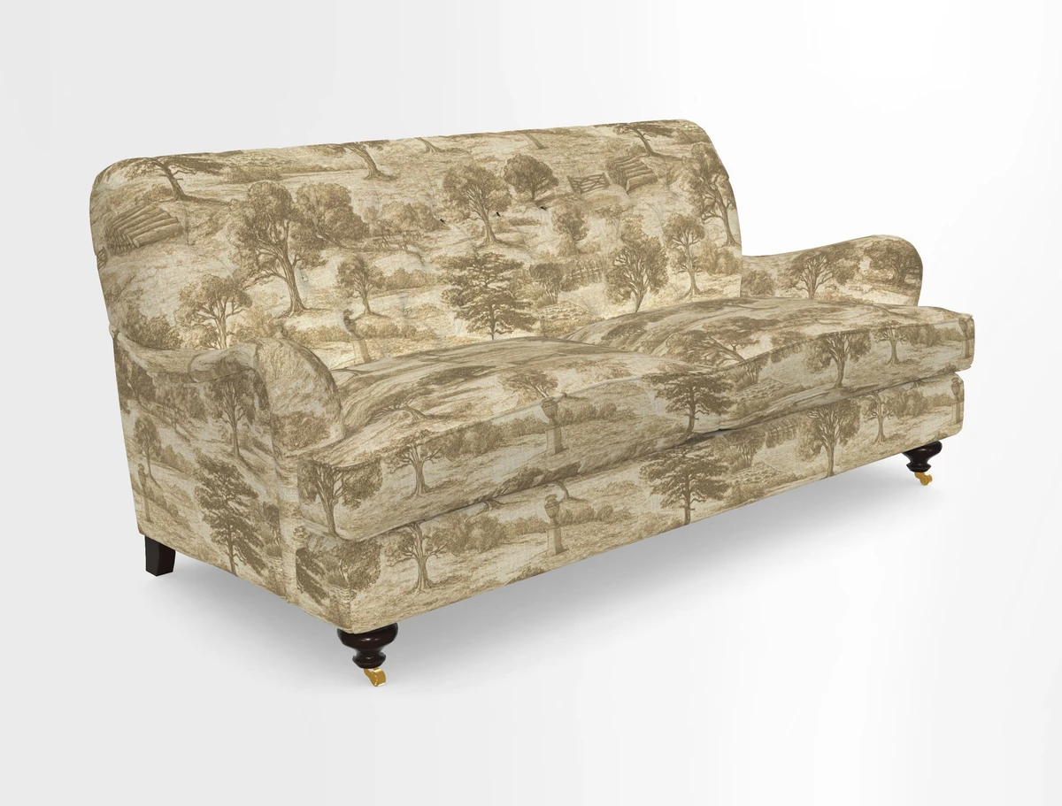 Chiddingfold 3 Seater Sofa in Omega Velvet Tawny Velvet and V&A Threads of India Regal Arabesque Flame with scatters in Sulawesi Splendour Jasper