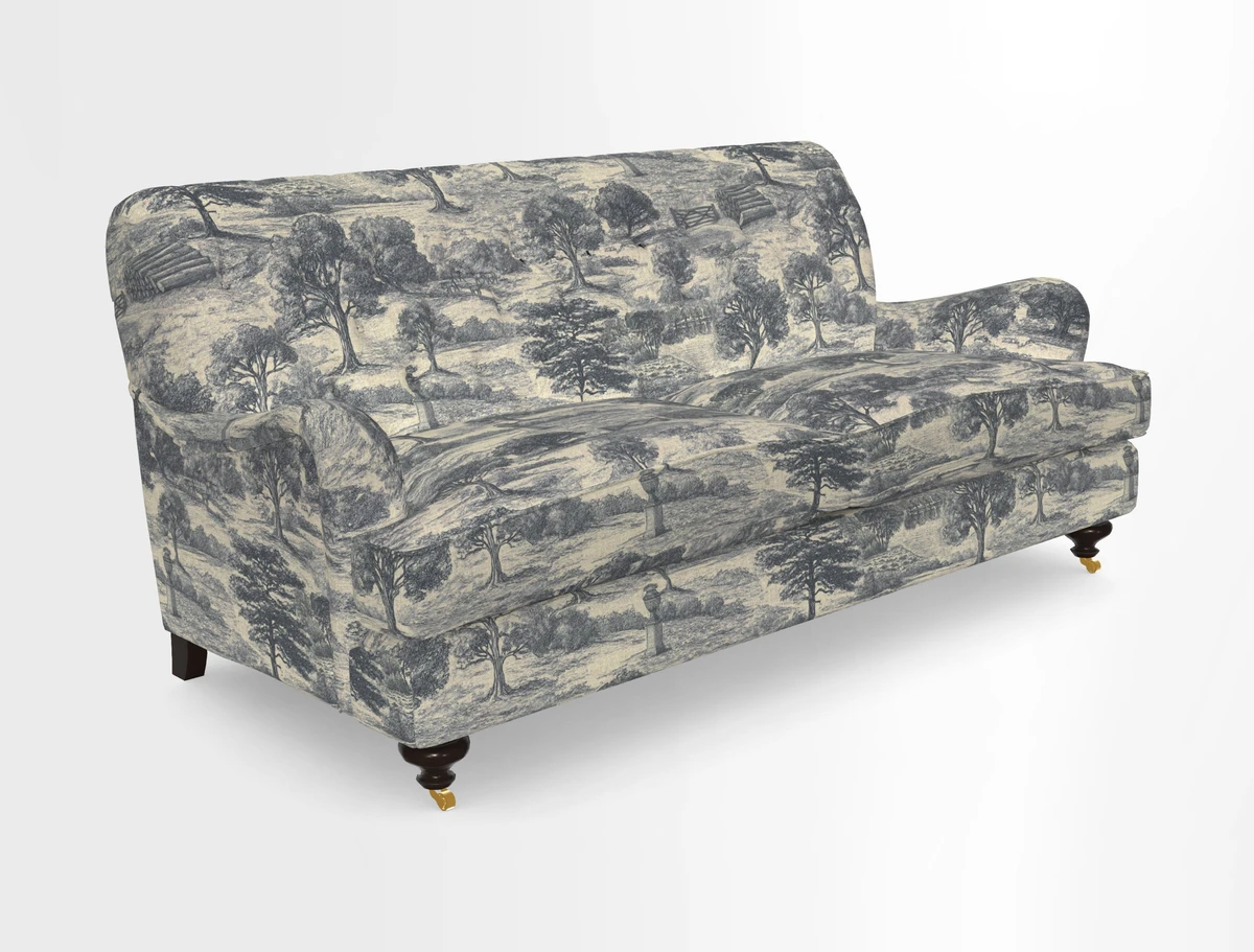 Chiddingfold 3 Seater Sofa in Omega Velvet Tawny Velvet and V&A Threads of India Regal Arabesque Flame with scatters in Sulawesi Splendour Jasper