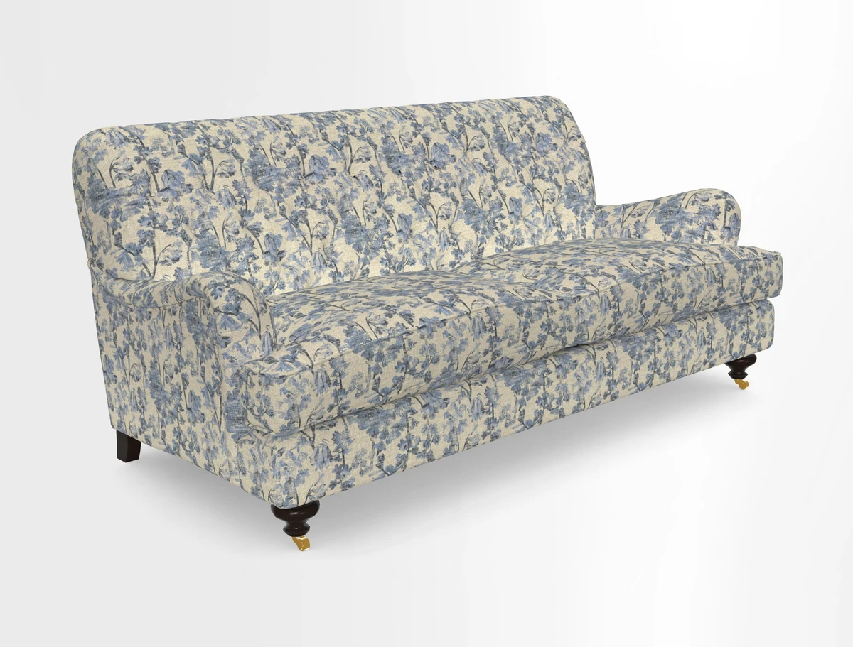 Chiddingfold 3 Seater Sofa in Omega Velvet Tawny Velvet and V&A Threads of India Regal Arabesque Flame with scatters in Sulawesi Splendour Jasper