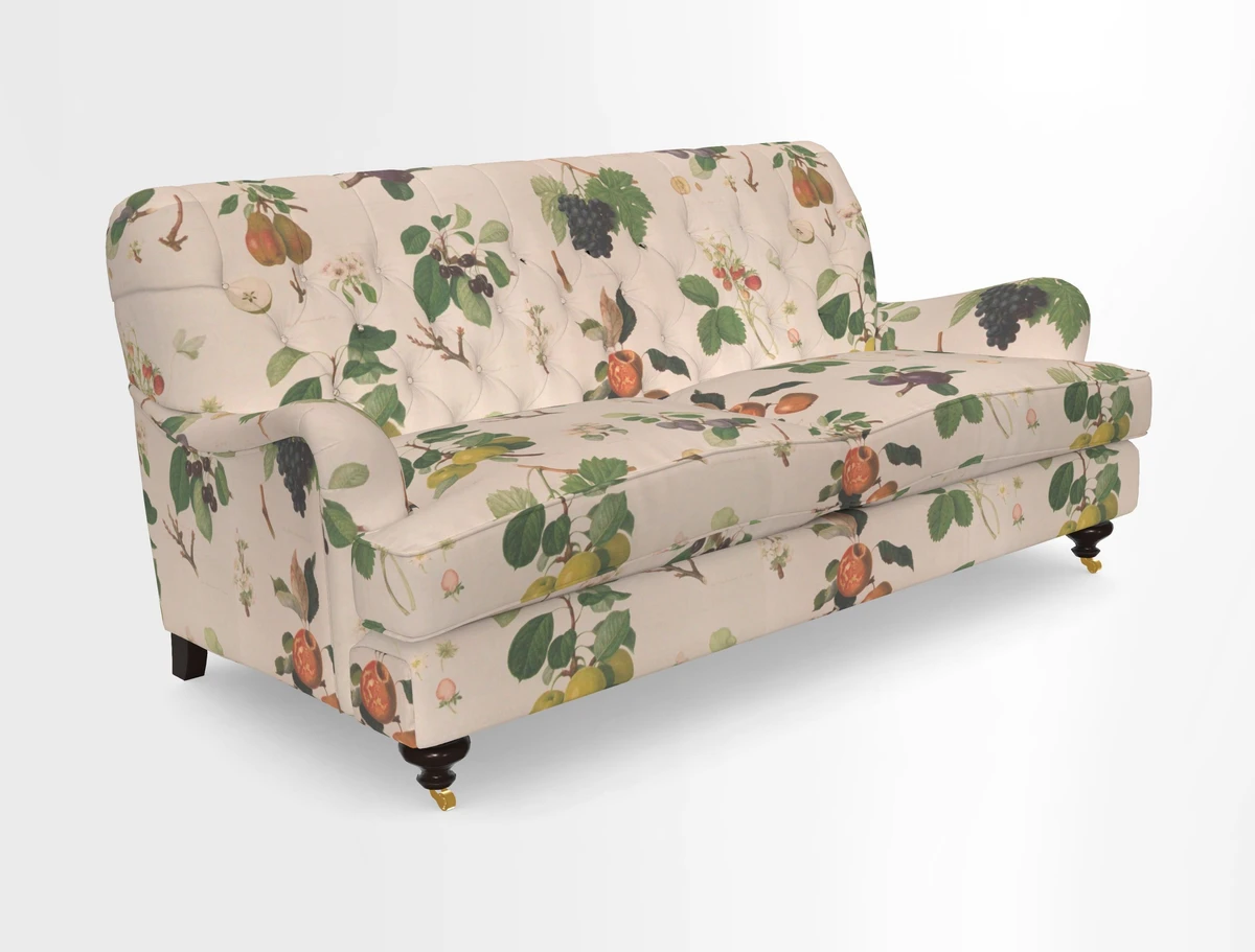 Chiddingfold 3 Seater Sofa in Omega Velvet Tawny Velvet and V&A Threads of India Regal Arabesque Flame with scatters in Sulawesi Splendour Jasper