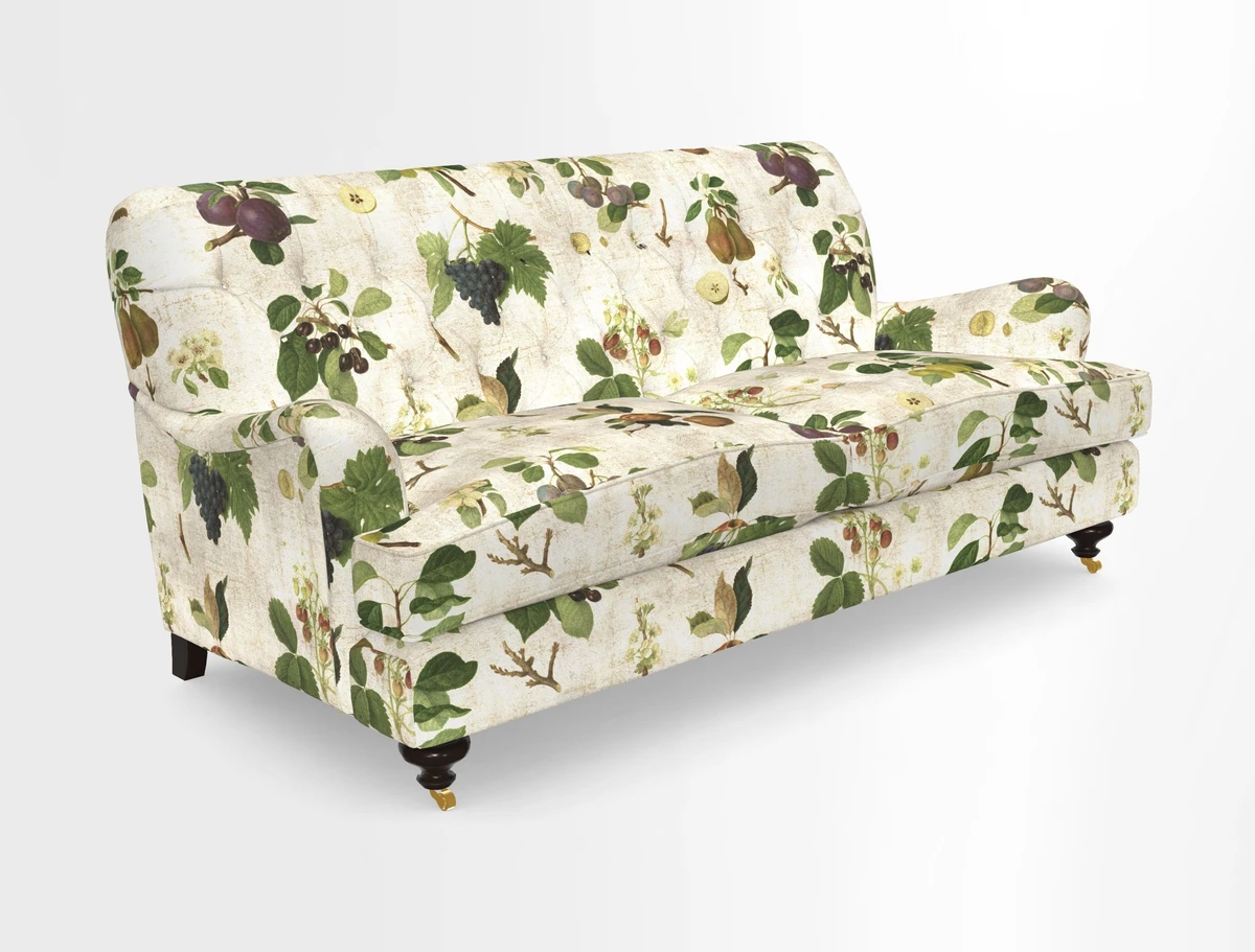 Chiddingfold 3 Seater Sofa in Omega Velvet Tawny Velvet and V&A Threads of India Regal Arabesque Flame with scatters in Sulawesi Splendour Jasper