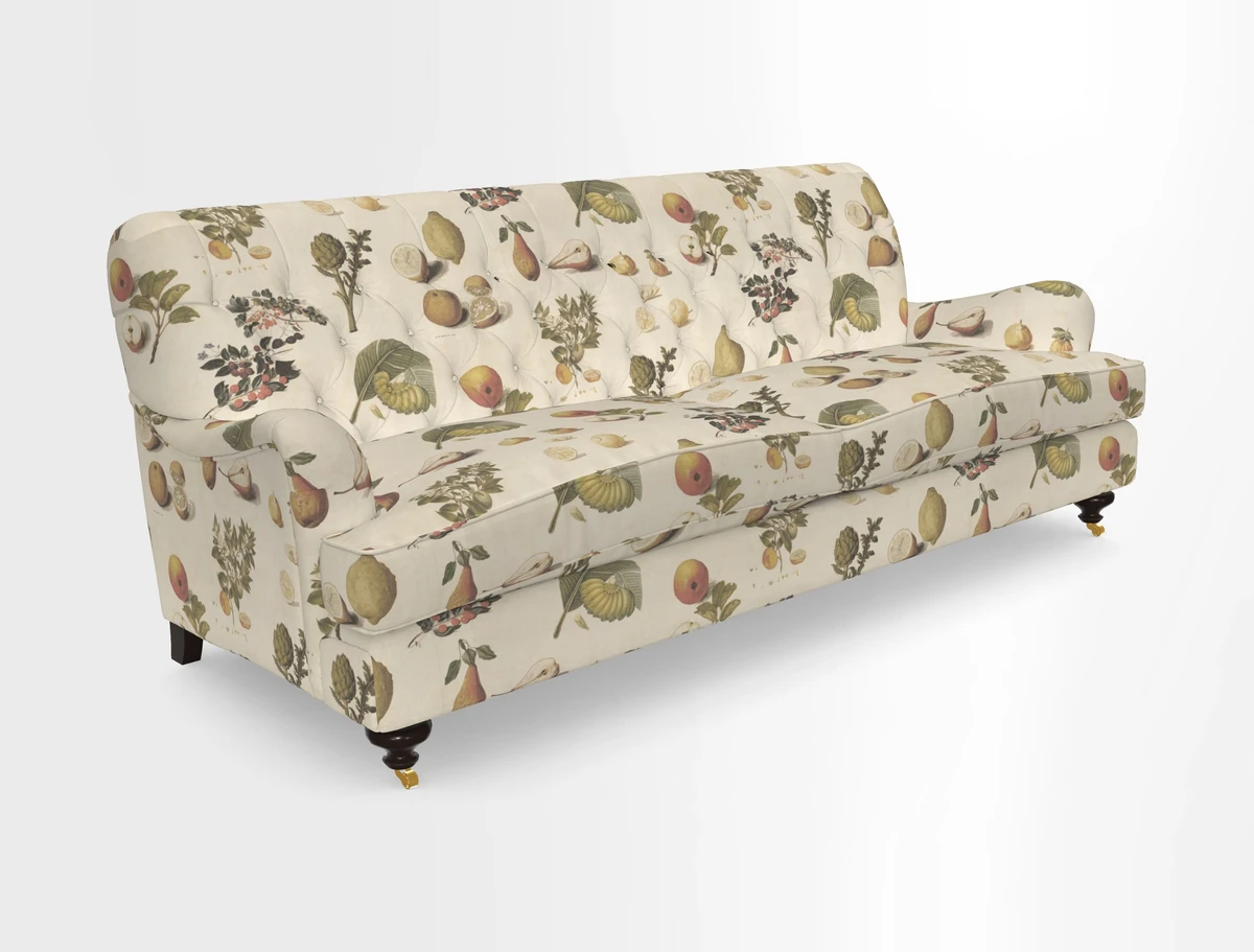 Chiddingfold 3 Seater Sofa in Omega Velvet Tawny Velvet and V&A Threads of India Regal Arabesque Flame with scatters in Sulawesi Splendour Jasper