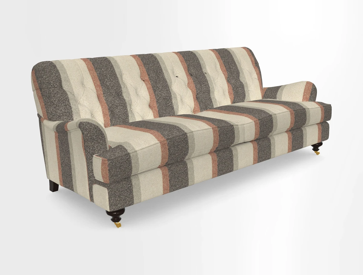 Chiddingfold 3 Seater Sofa in Omega Velvet Tawny Velvet and V&A Threads of India Regal Arabesque Flame with scatters in Sulawesi Splendour Jasper