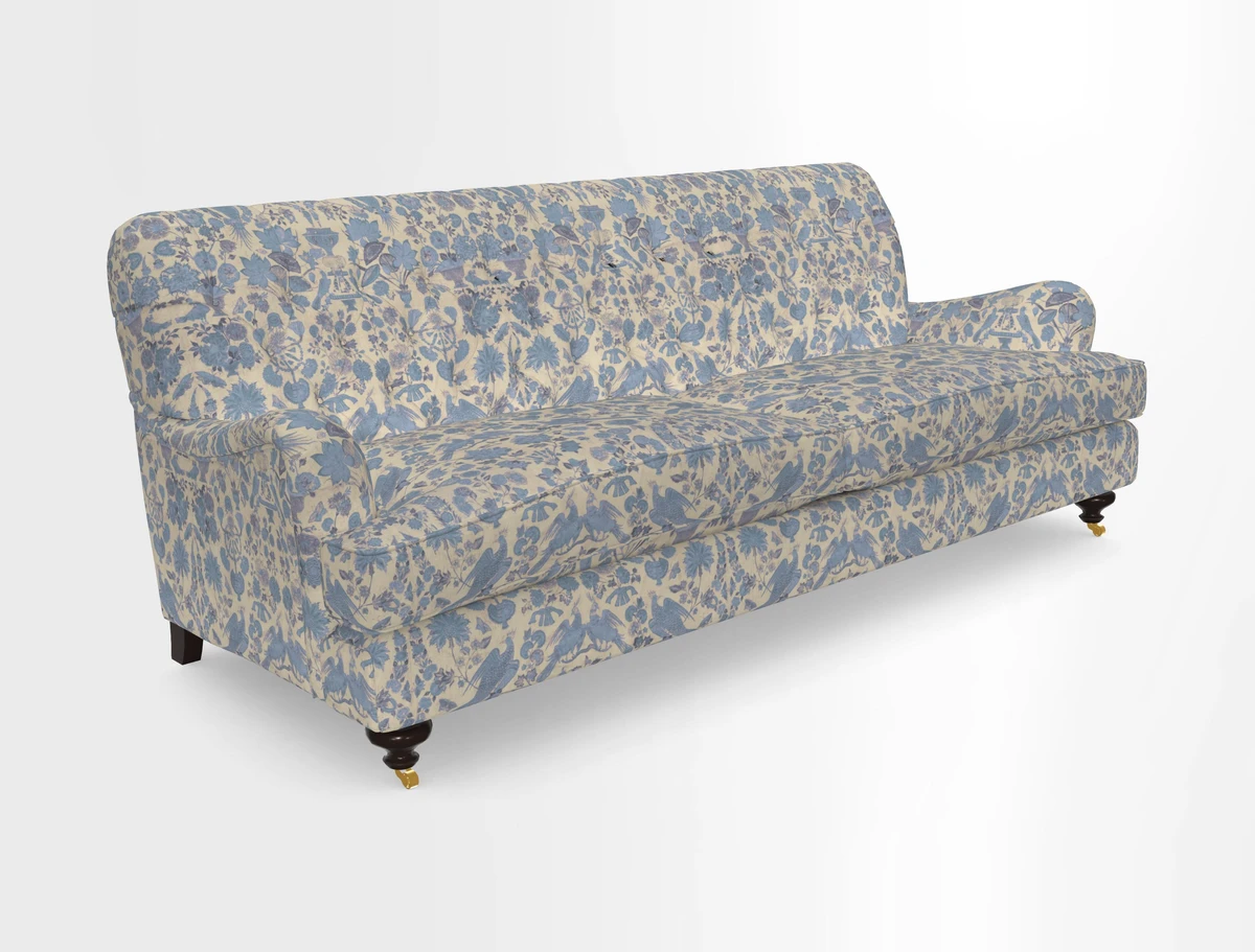 Chiddingfold 3 Seater Sofa in Omega Velvet Tawny Velvet and V&A Threads of India Regal Arabesque Flame with scatters in Sulawesi Splendour Jasper