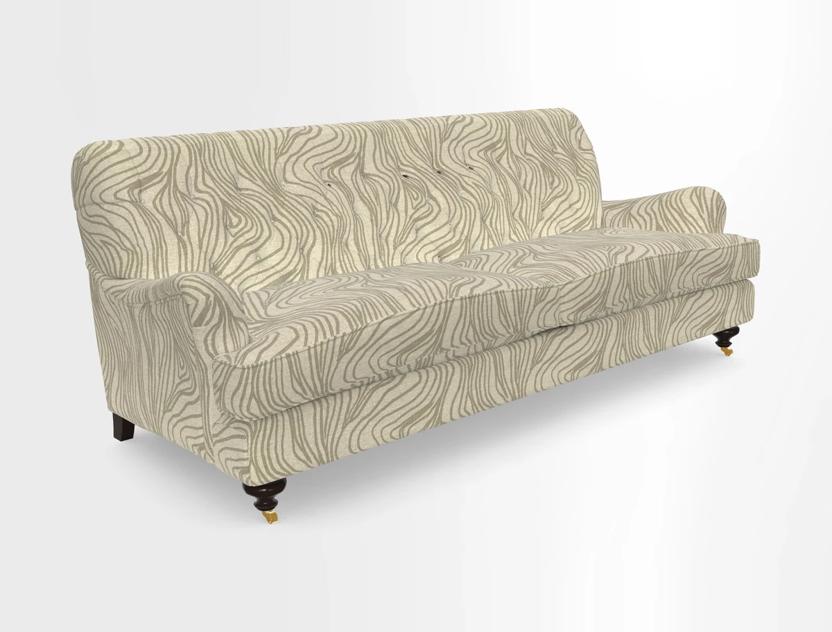 Chiddingfold 3 Seater Sofa in Omega Velvet Tawny Velvet and V&A Threads of India Regal Arabesque Flame with scatters in Sulawesi Splendour Jasper