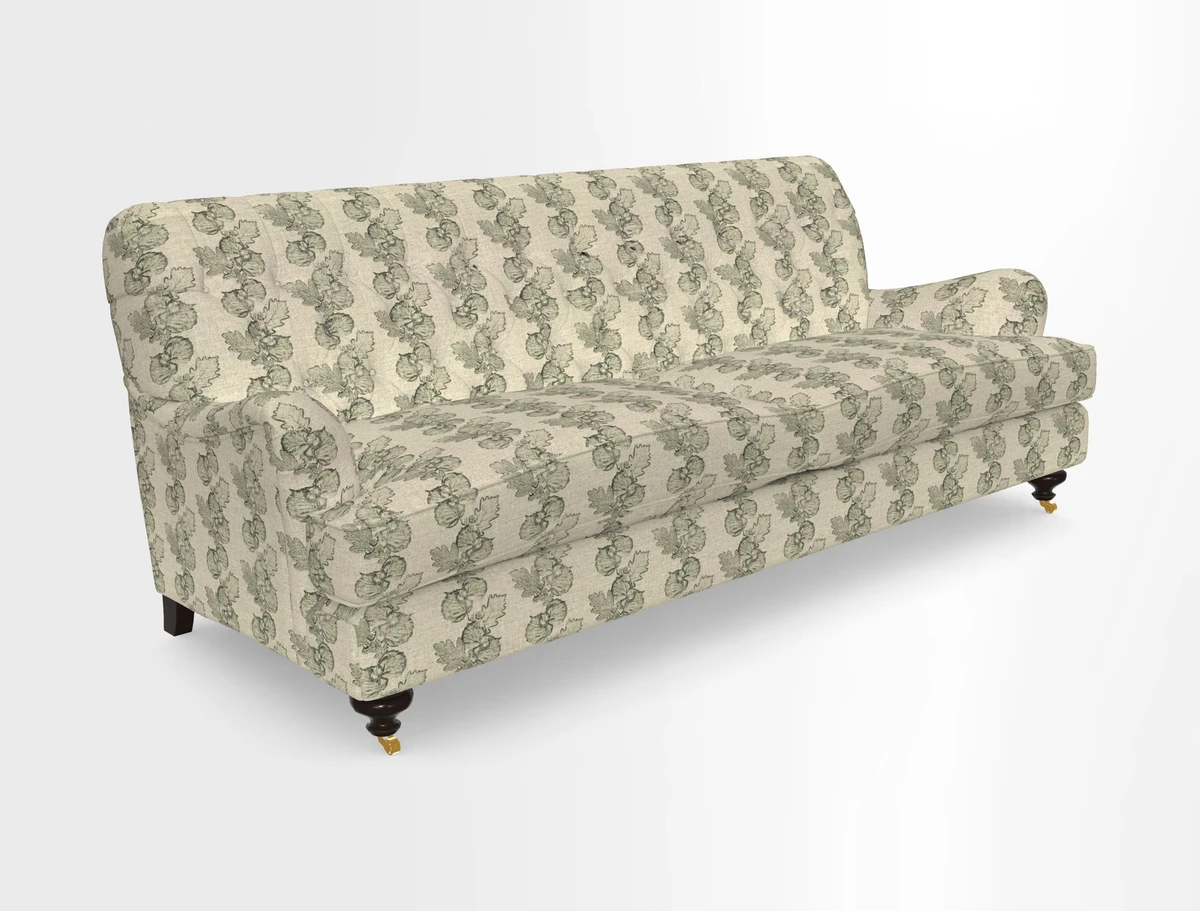 Chiddingfold 3 Seater Sofa in Omega Velvet Tawny Velvet and V&A Threads of India Regal Arabesque Flame with scatters in Sulawesi Splendour Jasper
