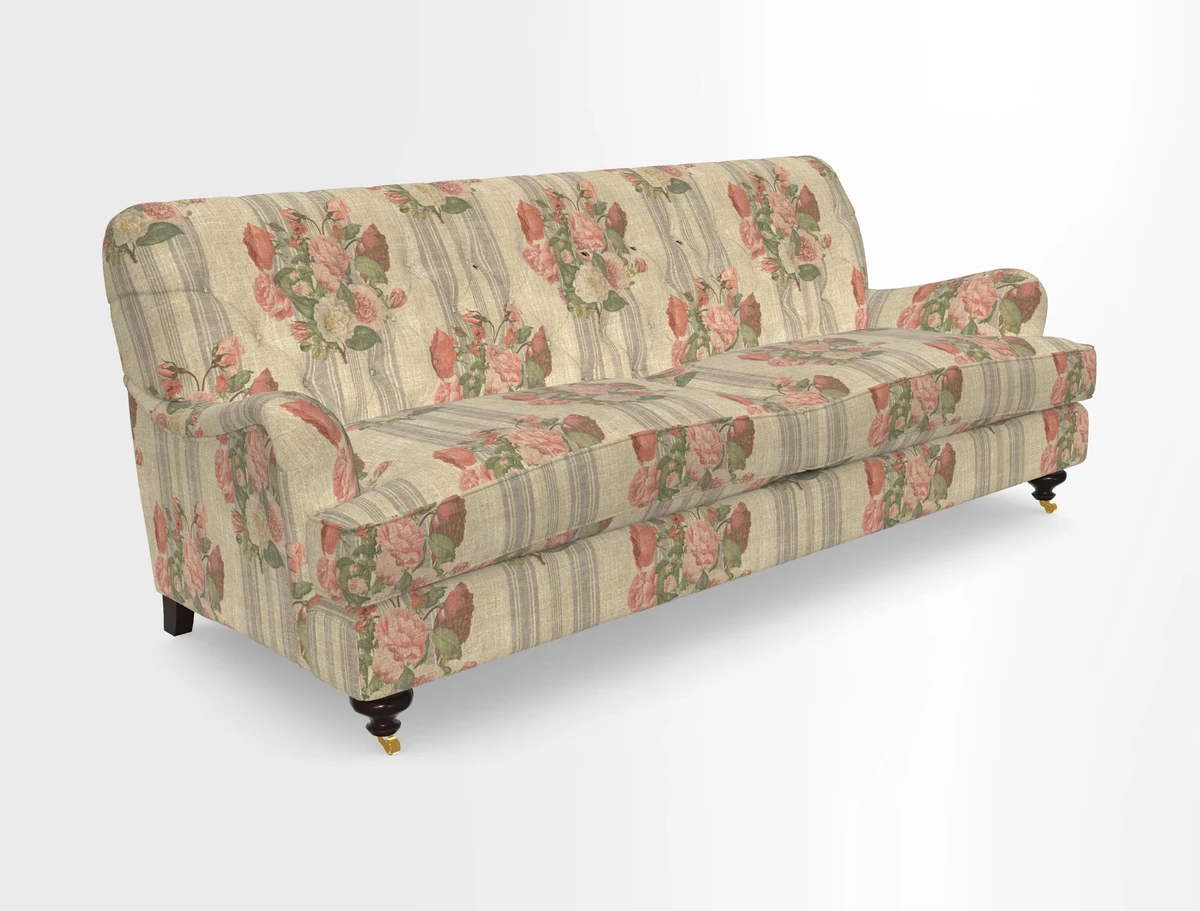 Chiddingfold 3 Seater Sofa in Omega Velvet Tawny Velvet and V&A Threads of India Regal Arabesque Flame with scatters in Sulawesi Splendour Jasper