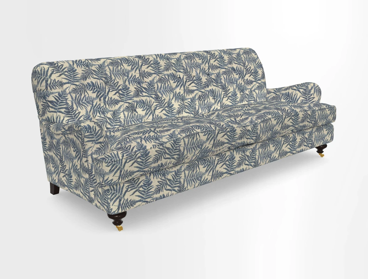 Chiddingfold 3 Seater Sofa in Omega Velvet Tawny Velvet and V&A Threads of India Regal Arabesque Flame with scatters in Sulawesi Splendour Jasper