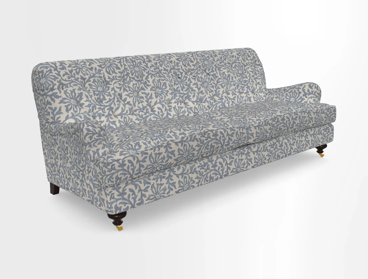 Chiddingfold 3 Seater Sofa in Omega Velvet Tawny Velvet and V&A Threads of India Regal Arabesque Flame with scatters in Sulawesi Splendour Jasper