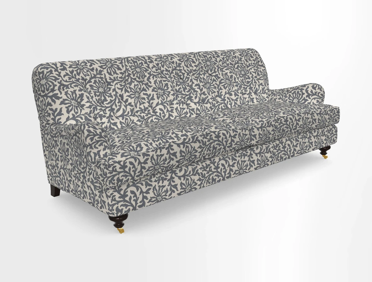 Chiddingfold 3 Seater Sofa in Omega Velvet Tawny Velvet and V&A Threads of India Regal Arabesque Flame with scatters in Sulawesi Splendour Jasper