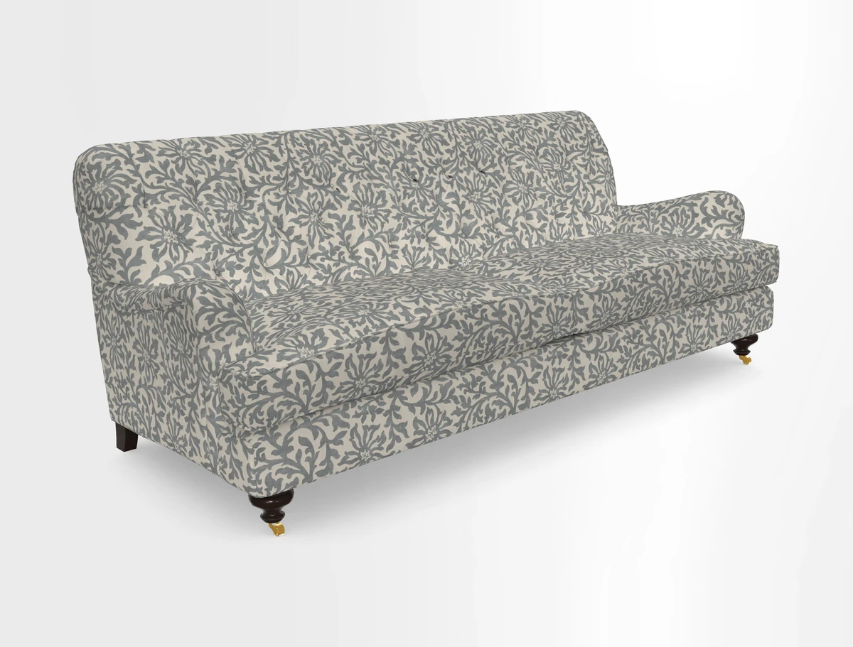 Chiddingfold 3 Seater Sofa in Omega Velvet Tawny Velvet and V&A Threads of India Regal Arabesque Flame with scatters in Sulawesi Splendour Jasper