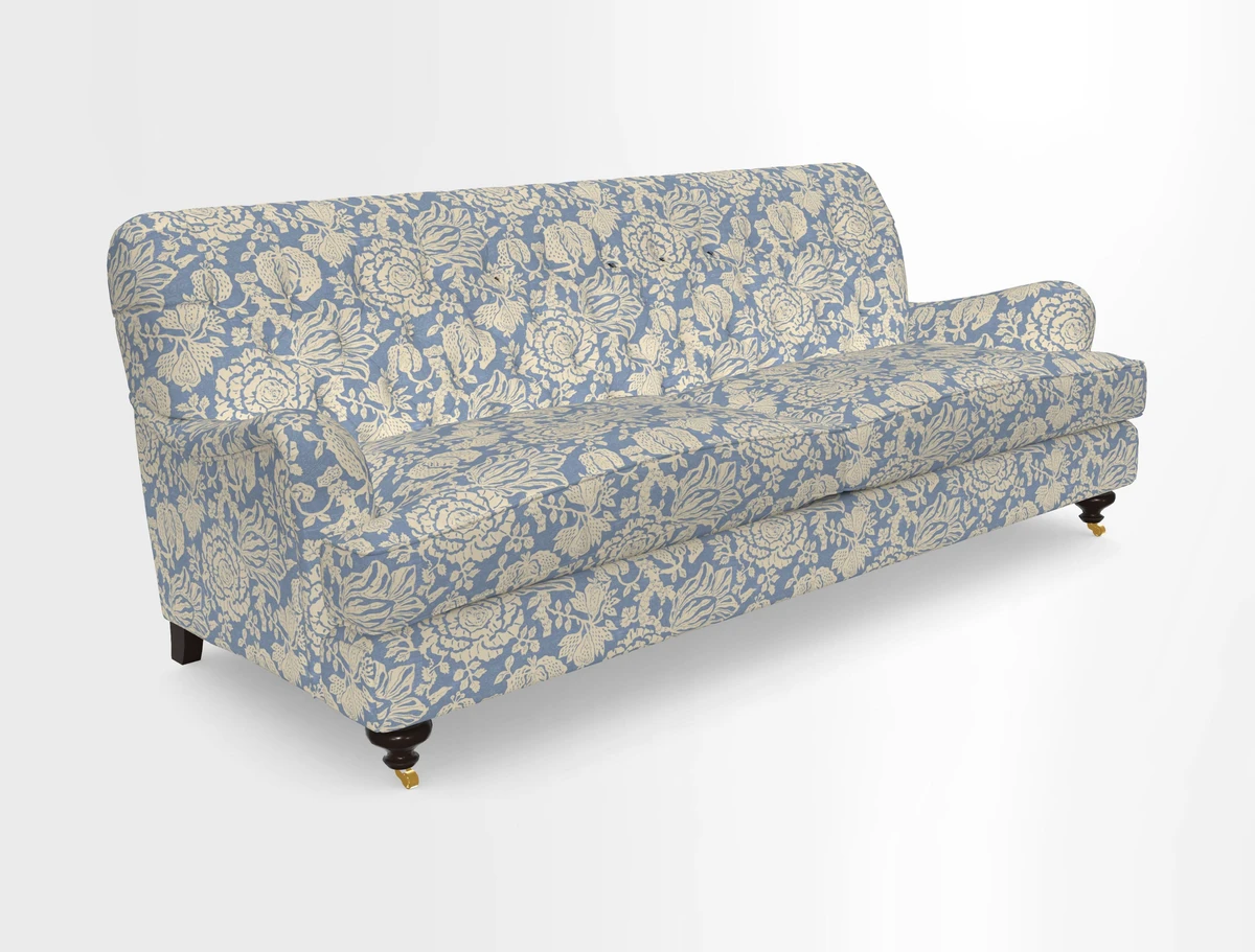 Chiddingfold 3 Seater Sofa in Omega Velvet Tawny Velvet and V&A Threads of India Regal Arabesque Flame with scatters in Sulawesi Splendour Jasper