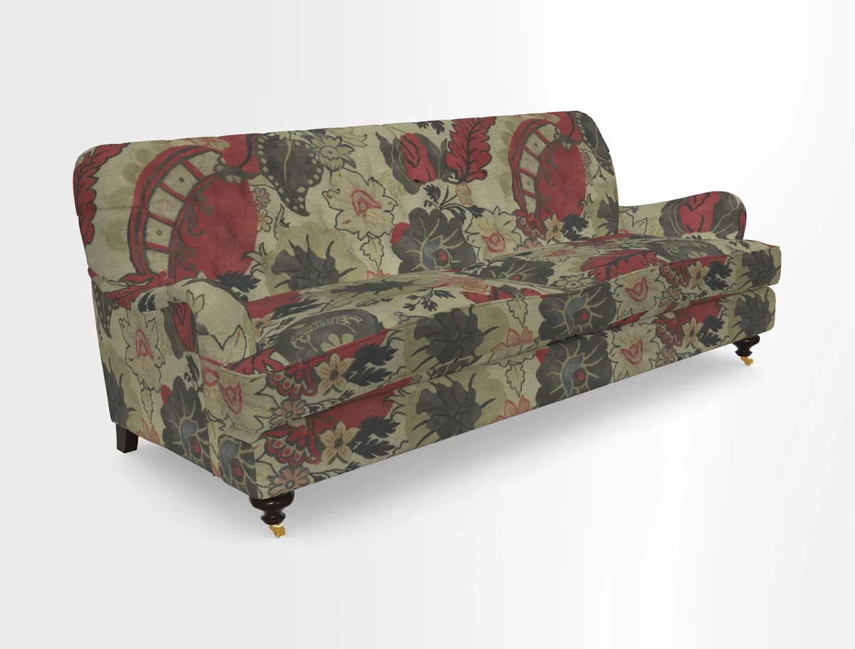 Chiddingfold 3 Seater Sofa in Omega Velvet Tawny Velvet and V&A Threads of India Regal Arabesque Flame with scatters in Sulawesi Splendour Jasper