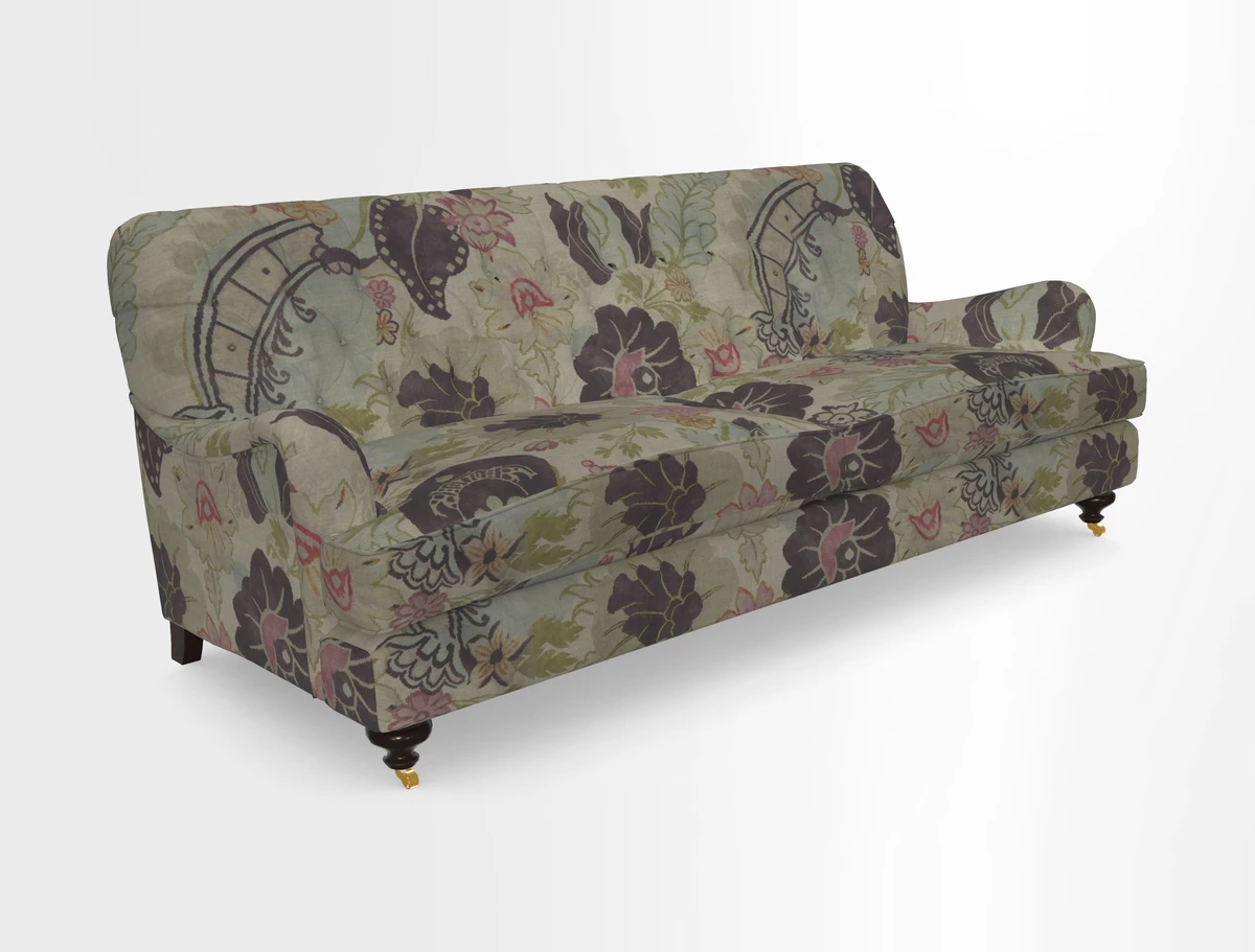 Chiddingfold 3 Seater Sofa in Omega Velvet Tawny Velvet and V&A Threads of India Regal Arabesque Flame with scatters in Sulawesi Splendour Jasper
