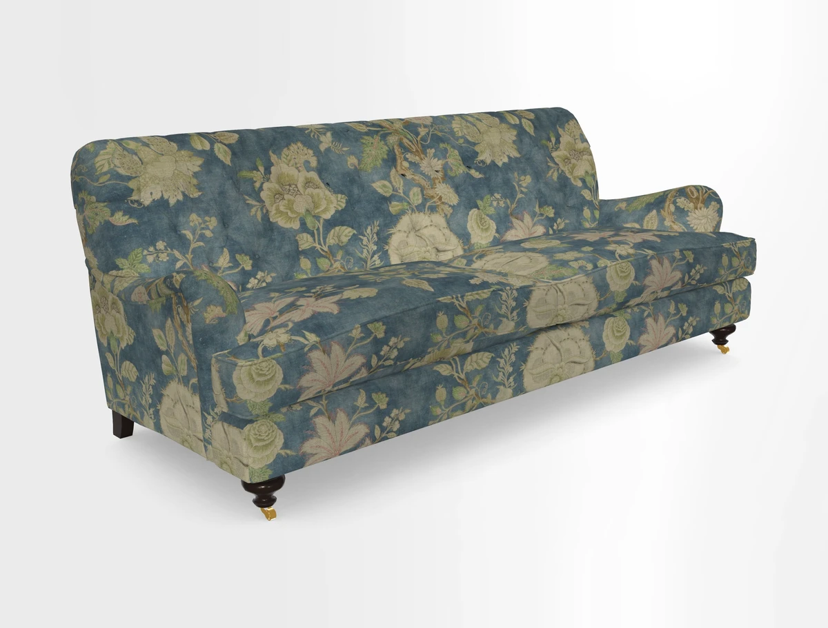 Chiddingfold 3 Seater Sofa in Omega Velvet Tawny Velvet and V&A Threads of India Regal Arabesque Flame with scatters in Sulawesi Splendour Jasper