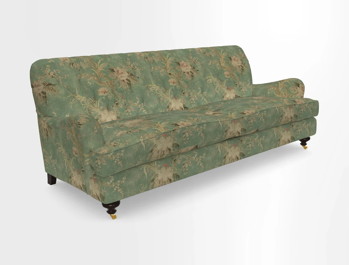 Chiddingfold 3 Seater Sofa in Omega Velvet Tawny Velvet and V&A Threads of India Regal Arabesque Flame with scatters in Sulawesi Splendour Jasper