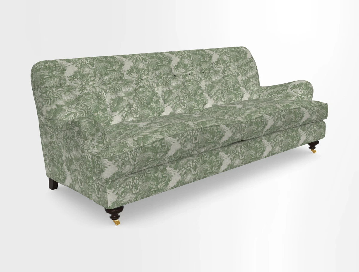 Chiddingfold 3 Seater Sofa in Omega Velvet Tawny Velvet and V&A Threads of India Regal Arabesque Flame with scatters in Sulawesi Splendour Jasper