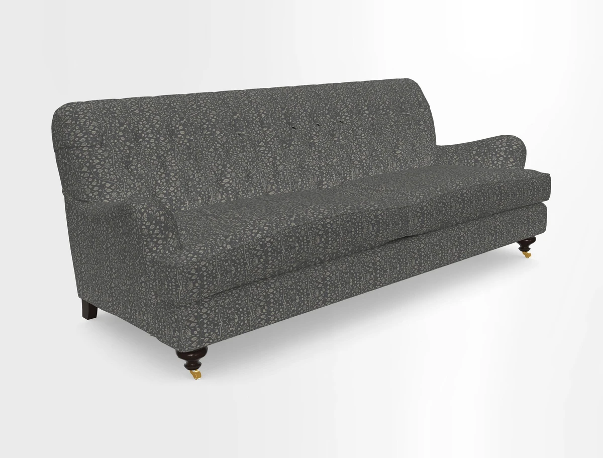 Chiddingfold 3 Seater Sofa in Omega Velvet Tawny Velvet and V&A Threads of India Regal Arabesque Flame with scatters in Sulawesi Splendour Jasper