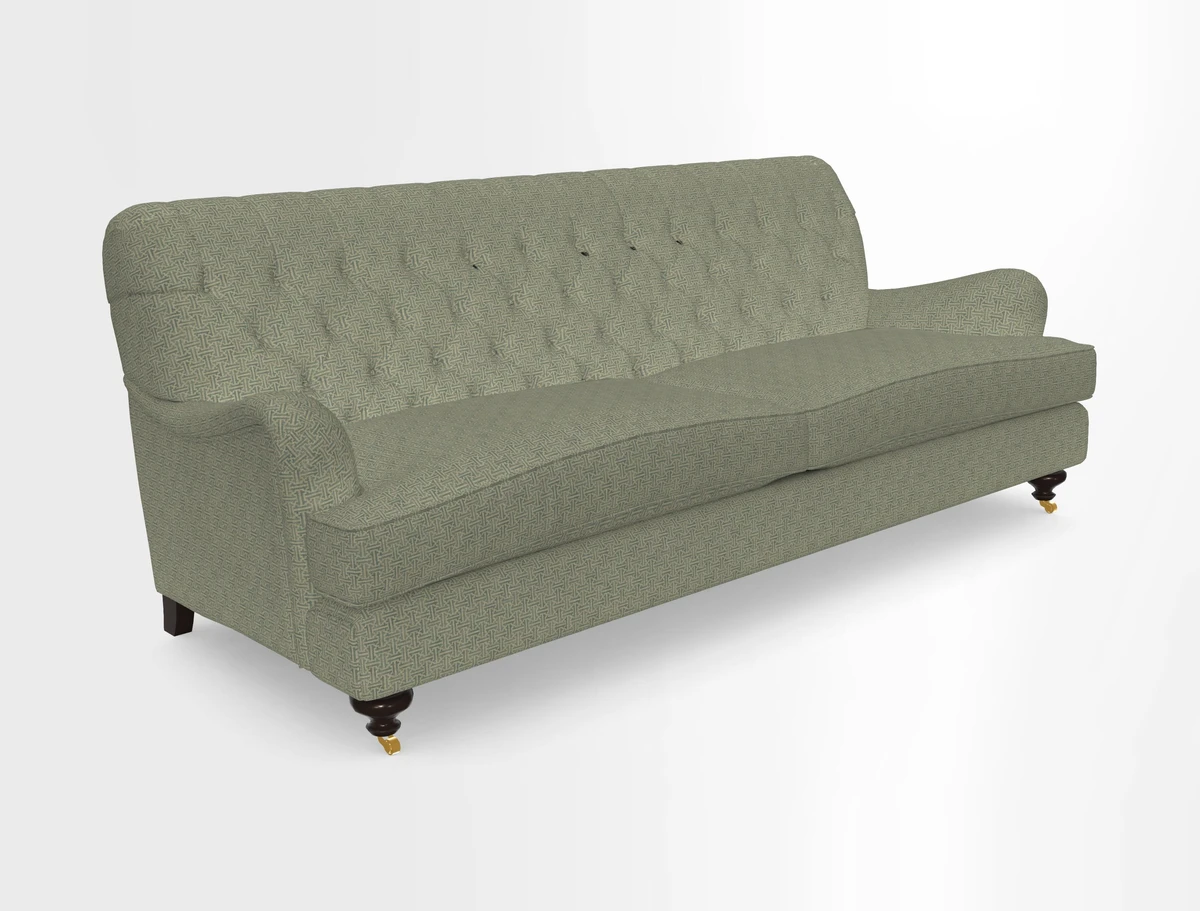Chiddingfold 3 Seater Sofa in Omega Velvet Tawny Velvet and V&A Threads of India Regal Arabesque Flame with scatters in Sulawesi Splendour Jasper